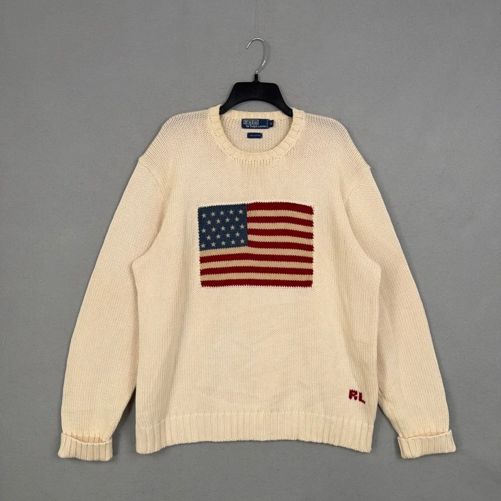Vintage Polo Ralph Lauren Sweater Mens XL Cream American Flag Knit Preppy USA